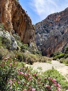 View of gorge with path hiking trail for trekking in Agiofarago gorge of the saints on south coast