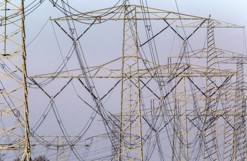 Power lines and pylons on 09 December 2014 in Jaenschwalde, Jaenschwalde, Brandenburg, Germany,