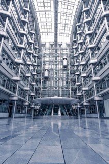 Interior of a modern building with glass facades and symmetrical structures, Berlin, IHK, Germany,