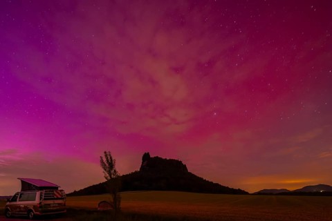 Northern lights over Saxon Switzerland, Ebenheit, Saxony, Germany, Europe