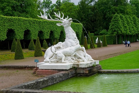 Group of figures of a stag and dogs by Flemish sculptor Peter Anton von Verschaffelt, Schwetzingen