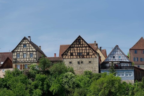 View of the old town, half-timbered house, Kirchberg, Jagsttal, Jagststeig, hiking, Schwaebisch