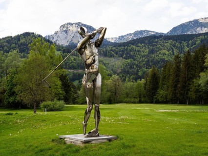 Statue of a golfer, golf course near Woerschach, Ennstal, Styria