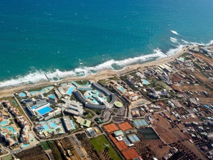 Aerial view of beach sea beach section with large hotel complexes near Heraklion, Heraklion, Crete,