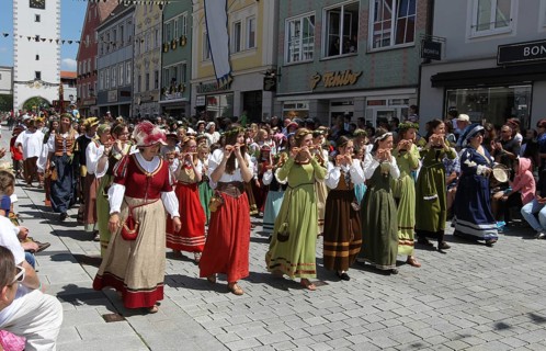 Tradition. Frundsberg Festival in Mindelheim in the Unterallgaeu. Parade through the town, Allgaeu,
