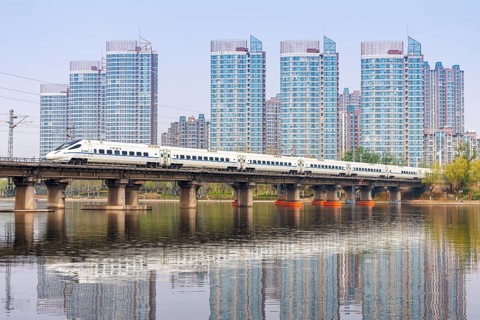 High-speed train of the China Railway CR type CRH5 train from Alstom in Beijing, China, Asia