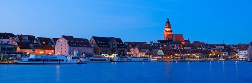 Town view of Lake Mueritz with St Mary's Church, Blue Hour, Waren, Mueritz, Mecklenburg Lake