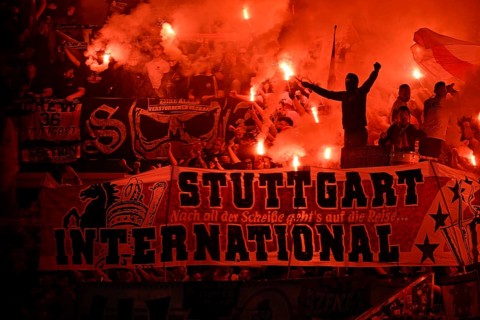 Bengalos, pyrotechnics, pyro, fireworks, fan block VfB Stuttgart, banner VfB Stuttgart