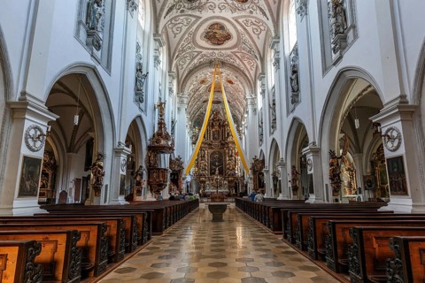 Interior and altar of the parish church of the Assumption of the Virgin Mary, Landsberg am Lech,