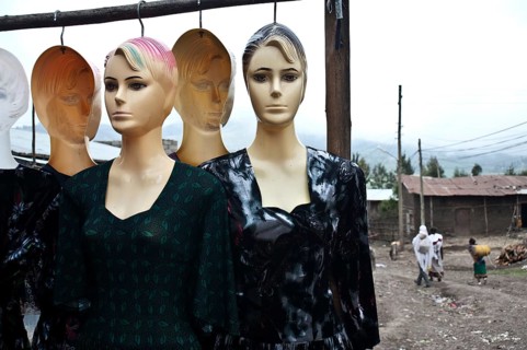 Shop mannequins outside of a shop selling clothing for local women, Tigray state, Ethiopia, Africa