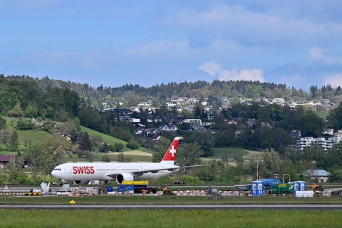Airport construction site Fly Swiss, Boeing 777-300ER, HB-JNE, Zurich Kloten, Switzerland, Europe