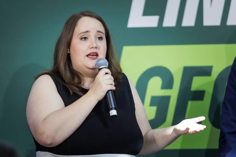 Ricarda Lang, Federal Chairwoman of Buendnis 90/DIE Gruenen, pictured at a press event in Berlin,