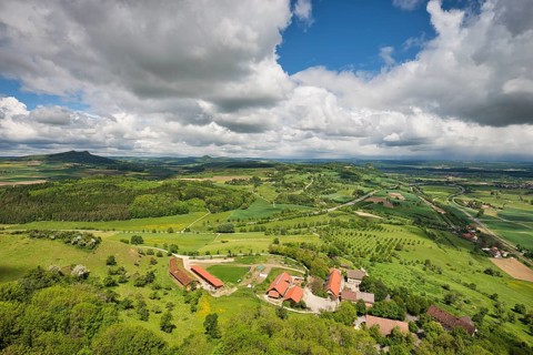 View from the Hohentwiel fortress ruins to the domain, with the Hohenstoffeln, Hohenhewen and