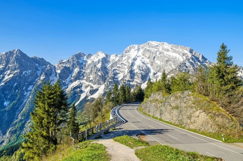 Hoher Goell with Rossfeld panoramic road, Goell massif, mountains with snow, blue sky, Rossfeld,