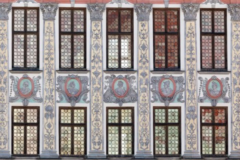 Detail of the historic town hall with a magnificent rococo facade on the main square, Landsberg am