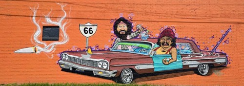 Mural on Route 66 of two stoners in a car, USA, North America
