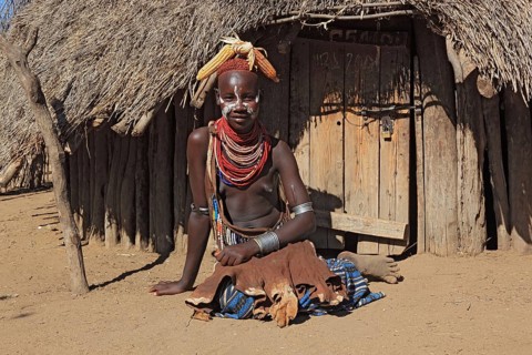 South Ethiopia, Omo region, among the Karo people, young woman, girl with jewellery and face