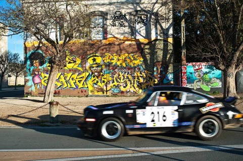 Car racing in the town of La Rochelle, mural painting, France, Europe