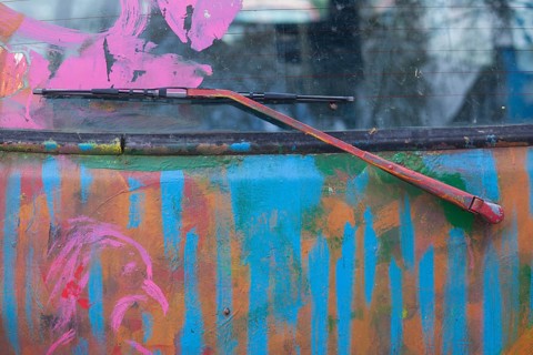 Windscreen wiper, colourfully painted vintage car, colour surface, Germany, Europe