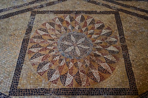 Geometric floor mosaic in brown and beige tones with symmetrical design, interior, Grand Master's