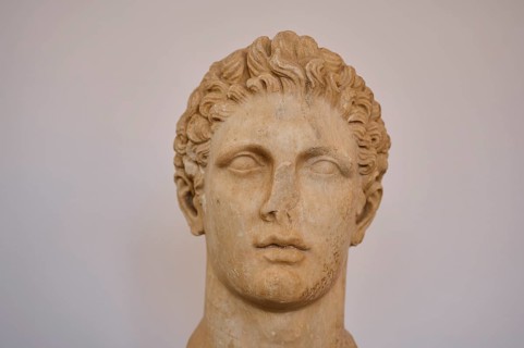Head of an athleteAncient stone bust of a man in classical style, displayed in a museum, interiors,