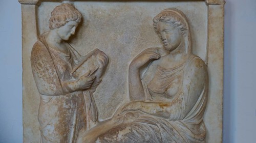 Tomb stele from Kalliarista, Dead seated woman and standing servant, A stone relief shows two