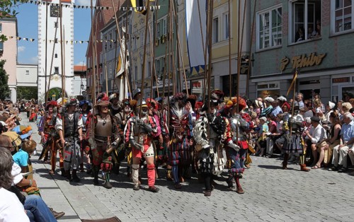 Tradition. Frundsberg Festival in Mindelheim in the Unterallgaeu. Parade through the town, Allgaeu,