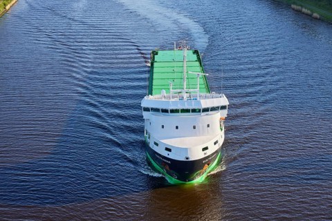 A bird's eye view of the multi-purpose vessel Electramar, the first plug-in hybrid ship, on the