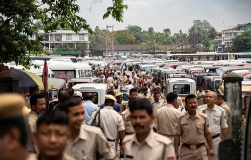 Barpeta, India. 6 May 2024. Polling officials and police personnels leaving for allocated polling