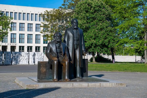 Karl Marx and Friedrich Engels bronze memorial, Marx-Engels-Forum, Berlin Mitte, Berlin, Germany,
