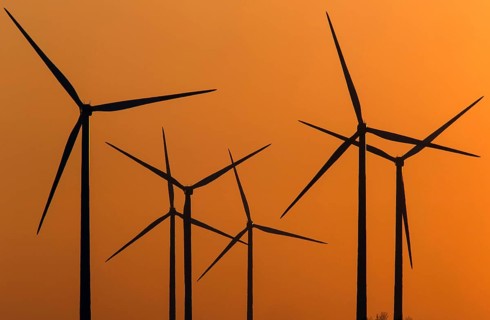 Sunset on 09.12.2014 at a wind farm in Jaenschwalde, Jaenschwalde, Brandenburg, Germany, Europe