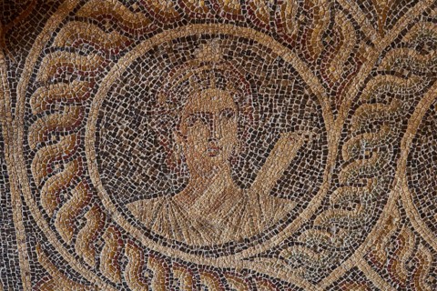 Kleio, the muse of history with scroll, One of the nine muses, Finely crafted mosaic of an ancient