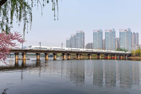 High-speed train of the China Railway CR type CRH5 train from Alstom in Beijing, China, Asia