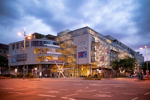 Meeting point Rotebuehlplatz, VHS, adult education centre, blue hour, twilight, Stuttgart,