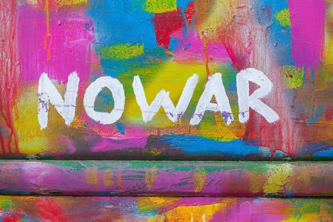 Lettering No War, kein Krieg, colourfully painted vintage car, colour surface, Germany, Europe