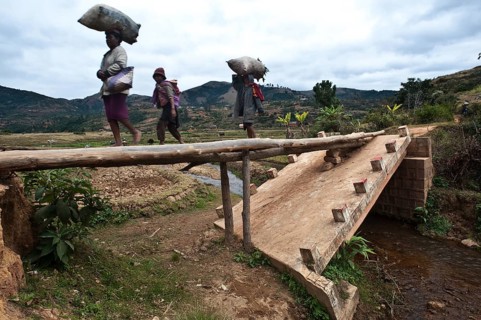 Broken concrete bridge replaced by a bridge made of trunks, Ambositra, Madagascar, Africa