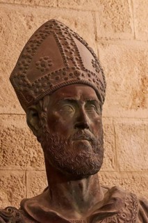 Detailed bust of a bearded bishop with mitre, interior view, Grand Master's Palace, Knights' Town,
