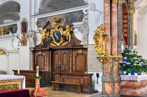 Choir stalls and gallery, former monastery church of St. Peter and Paul, Irsee monastery or abbey,