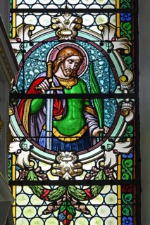 Colourful stained glass window, St. Theodorus, Kronburg branch church, Kronburg, Allgaeu, Swabia,