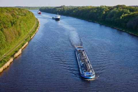 Shipping traffic on the Kiel Canal near Beldorf, Rendsburg-Eckernfoerde district,