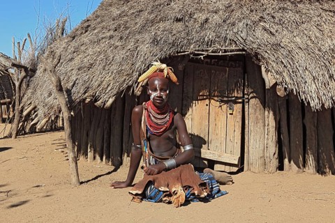 South Ethiopia, Omo region, among the Karo people, young woman, girl with jewellery and face