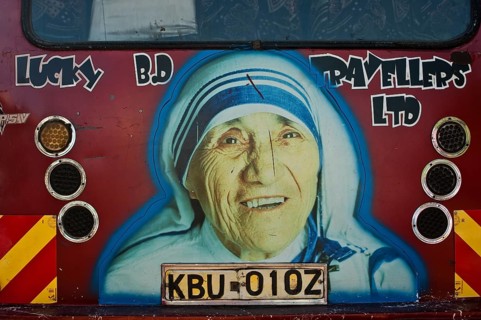 Decorated public transport called matatu, Mother Teresa, Nairobi, Kenya, Africa
