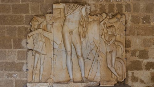 Heavily damaged antique relief with recognisable figures, interior view, Grand Master's Palace,