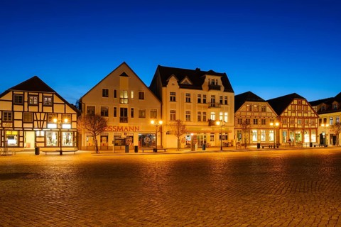 Illuminated buildings at the market, Neuer Markt, Blue Hour, Waren, Mueritz, Mecklenburg Lake