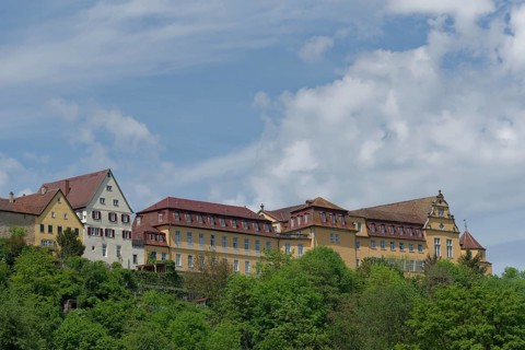 View of the old town and the castle in Kirchberg an der Jagst, Jagsttal, Jagststeig, Schwaebisch