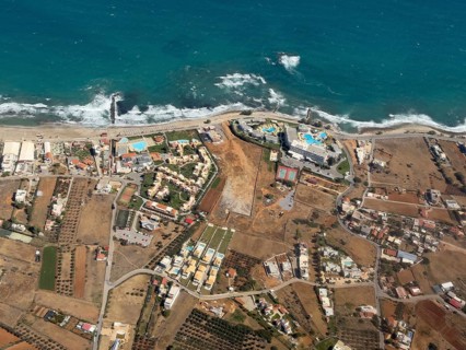 Aerial view of beach sea beach section with hotel complexes near Heraklion, Heraklion, Crete,