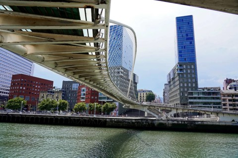 Pedestrian bridge Zubizuri, White Bridge, Bilbao, Unusual perspective of a bridge with a view of