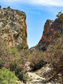 View of gorge with path hiking trail for trekking in Agiofarago gorge of the saints on south coast