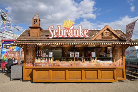 Snack bar Pommes Schranke, spring festival, fairground, Tegel, Reinickendorf, Berlin, Germany,