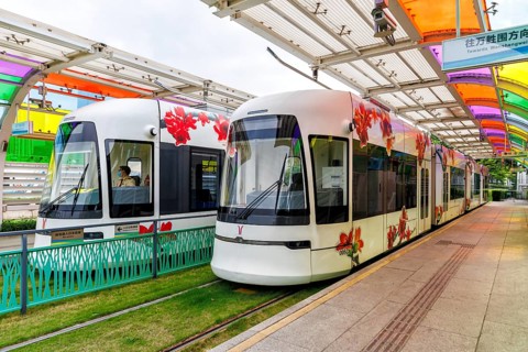 Guangzhou Haizhu Tram modern trams public transport at the Liede Bridge South stop in Guangzhou,